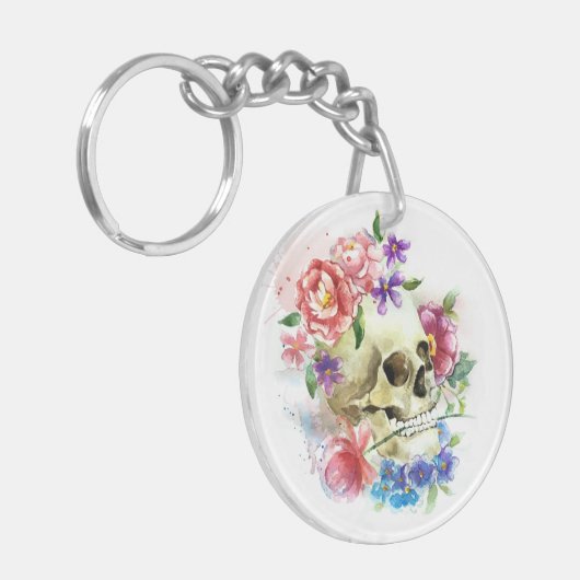 Floral Skull Dia de los Muertos | Button Sleutelha Sleutelhanger (Voorkant Links)