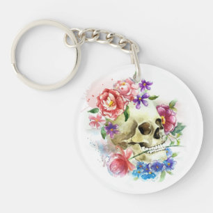 Floral Skull Dia de los Muertos   Button Sleutelha Sleutelhanger