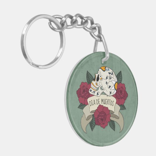 Floral Skull Dia de los Muertos | Button Sleutelha Sleutelhanger (Voorkant Links)