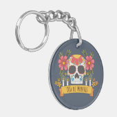 Floral Skull Dia de los Muertos | Button Sleutelha Sleutelhanger (Voorkant Links)
