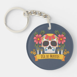 Floral Skull Dia de los Muertos   Button Sleutelha Sleutelhanger