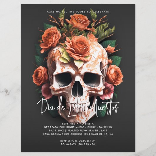 Floral Skull Dia de Los Muertos Party Invitation Flyer (Voorkant)