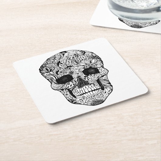 Floral Skull Doodle Kartonnen Onderzetters (Schuin)