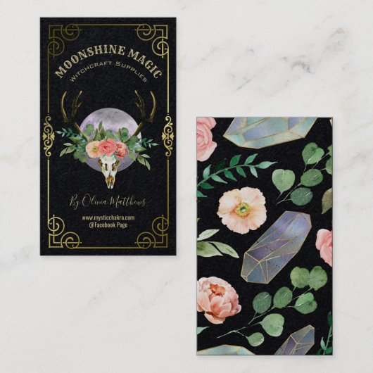 Floral Skull en Moon Black Witchcraft Visitekaartje (Voorkant / Achterkant)