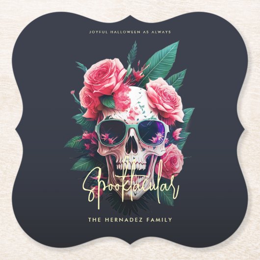 Floral Skull Faboolous Spooktacular Familienaam Kartonnen Onderzetters (Voorkant)