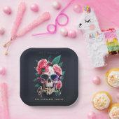 Floral Skull Faboolous Spooktacular Familienaam Papieren Bordje (Feest)