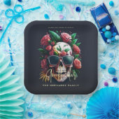 Floral Skull Faboolous Spooktacular Familienaam Papieren Bordje (Feest)
