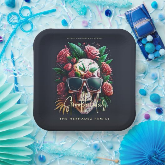 Floral Skull Faboolous Spooktacular Familienaam Papieren Bordje (Feest)