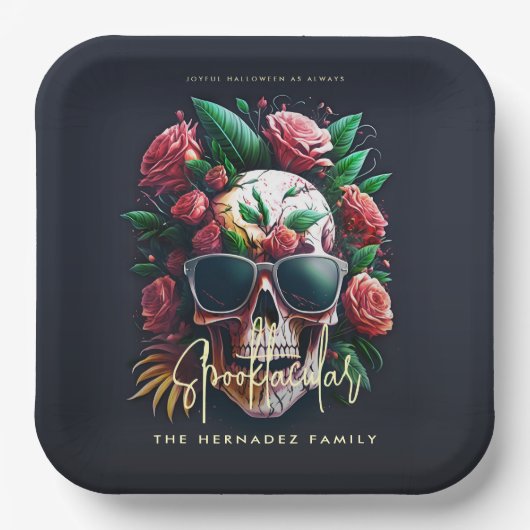 Floral Skull Faboolous Spooktacular Familienaam Papieren Bordje (Voorkant)