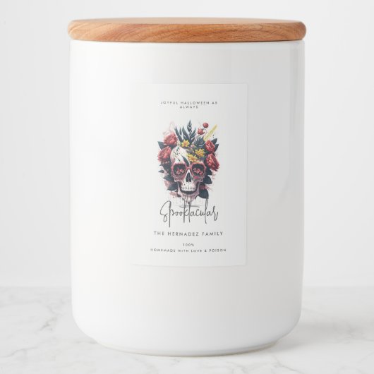 Floral Skull Faboolous Spooktacular Familienaam Voedselcontainer Etiket (Voorkant)