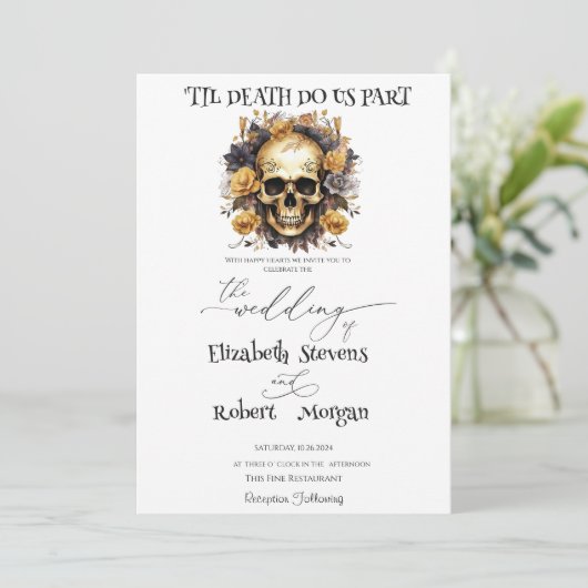 Floral Skull Gothic bruiloft uitnodiging (Staand voorkant)