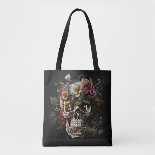 Floral Skull Gothic Pagan Monogram Initialen Tote Bag (Voorkant)