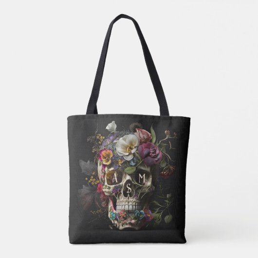 Floral Skull Gothic Pagan Monogram Initialen Tote Bag (Achterkant)