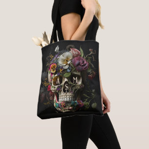 Floral Skull Gothic Pagan Monogram Initialen Tote Bag