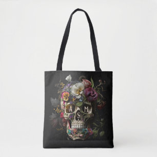 Floral Skull Gothic Pagan Monogram Initialen Tote Bag