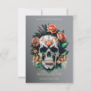 Floral Skull Grey Halloween Party Kaart