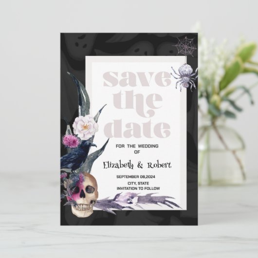 Floral Skull Halloween Bewaar de datum Save The Date (Staand voorkant)