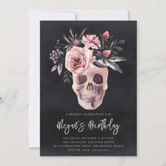 Floral Skull Halloween Birthday Party Kaart (Voorkant)