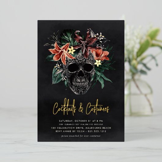 Floral Skull Halloween Cocktails & Costumes Party Folie Uitnodiging (Staand Voorkant)