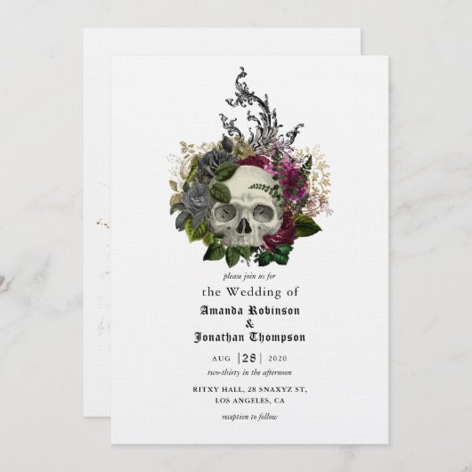 Floral Skull Halloween Gothic Wedding Invitation Kaart (Voorkant / Achterkant)