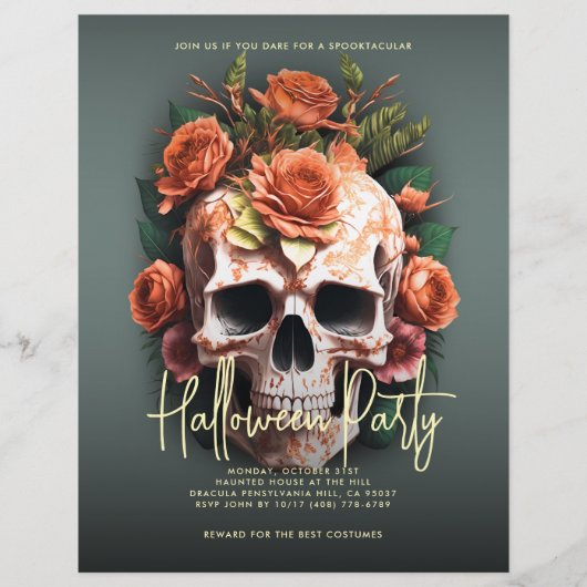 Floral Skull Halloween Party Moss Green Flyer (Voorkant)