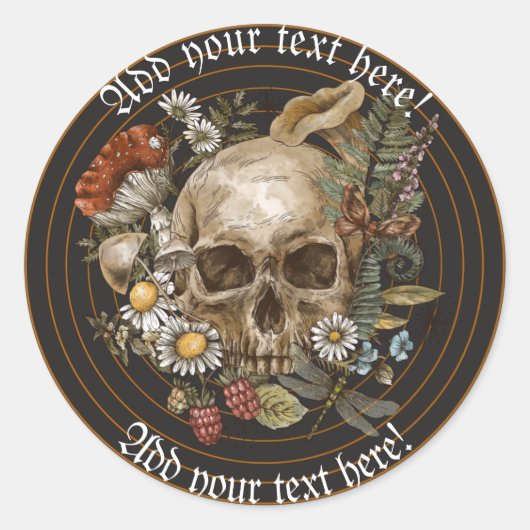 Floral  Skull in Gold Circle Stripes Classi Ronde Sticker (Voorkant)