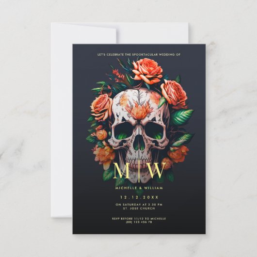 Floral Skull Monogram Halloween Wedding Kaart (Voorkant)