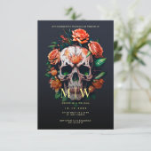 Floral Skull Monogram Halloween Wedding Kaart (Staand voorkant)
