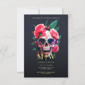 Floral Skull Monogram Halloween Wedding Kaart (Voorkant)