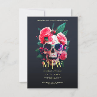 Floral Skull Monogram Halloween Wedding Kaart