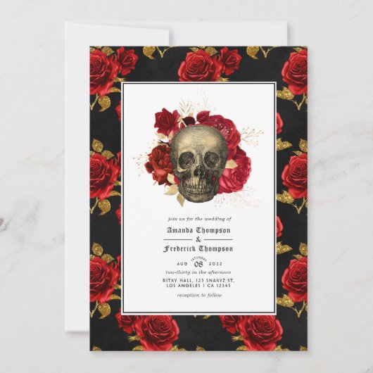 Floral Skull QR Code RSVP Gothic Wedding Kaart (Voorkant)