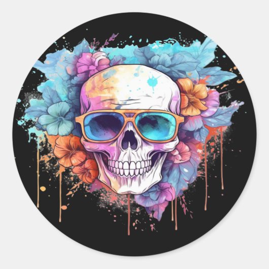Floral Skull Shades Ronde Sticker (Voorkant)