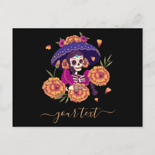 Floral Skull Skeleton &Elegant Name Festive Feestdagenkaart