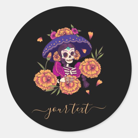  Floral Skull Skeleton &Elegant Name Festive Ronde Sticker (Voorkant)