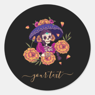  Floral Skull Skeleton &Elegant Name Festive Ronde Sticker