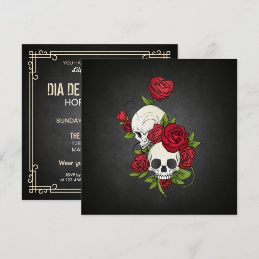 Floral Skulls Dia de los Muertos Party Invitation Kaart (Voorkant / Achterkant)
