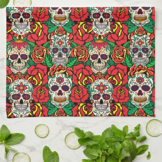 Floral Skulls Pattern Theedoek (Gevouwen)