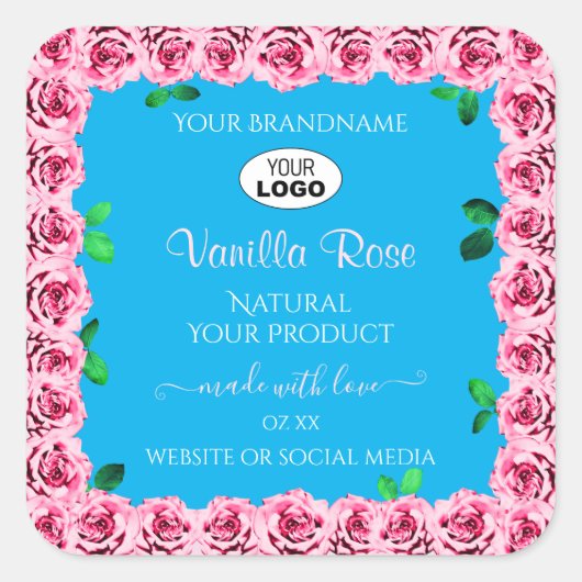 Floral Sky Blue Product Labels roze rozen Logo toe (Voorkant)