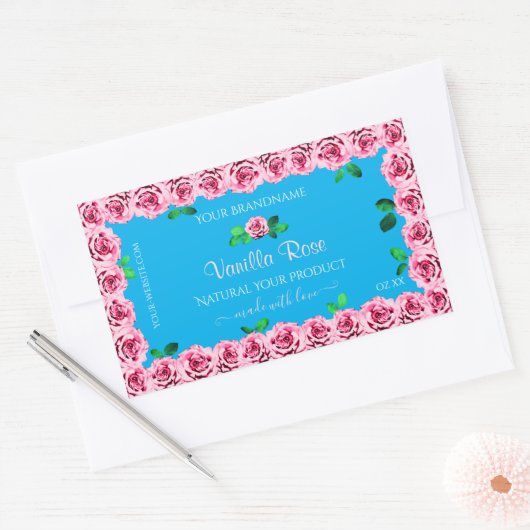 Floral Sky Blue Product Package Labels roze rozen (Envelop)