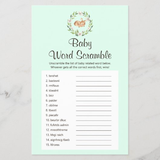 Floral Slaapend Deer Green Baby Word Scramble Game Flyer (Voorkant)