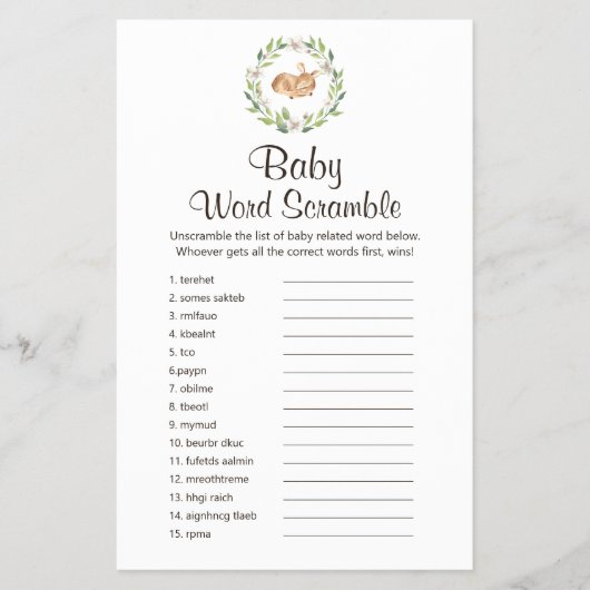 Floral Slaping Deer Baby UK Word Scramble Game Flyer (Voorkant)