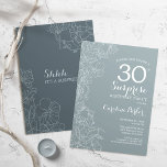 Floral Slate Blue Surprise 30e verjaardag Kaart<br><div class="desc">Eenvoudige verrassing voor marineschrift,  uitnodiging voor het 30ste verjaardagsfeest. Minimalistisch modern design in dusty blauw met botanische accenten en lettertype typografie. Stalen blauw en witte vrouwelijke florale nodigt de kaart uit die perfect is voor een stijlvolle vrouw verrassingsdag. Kan op elke leeftijd worden aangepast.</div>