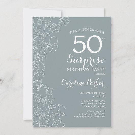 Floral Slate Blue Surprise 50e verjaardag Kaart (Voorkant)