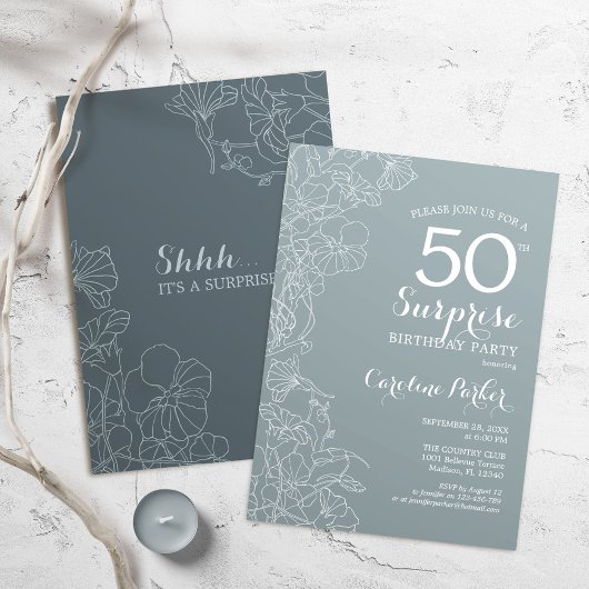 Floral Slate Blue Surprise 50e verjaardag Kaart