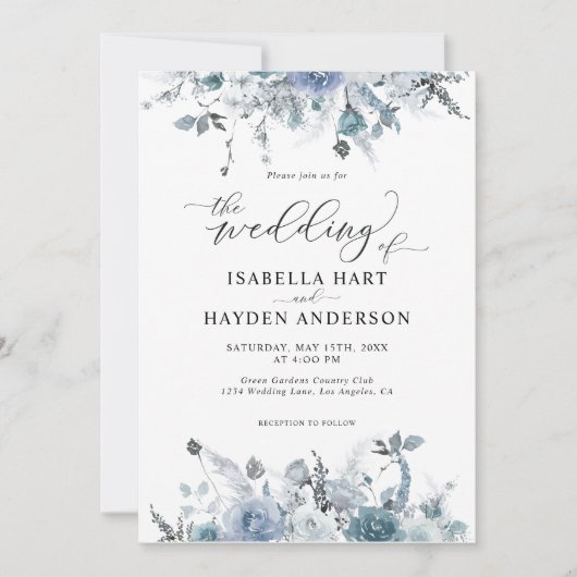 Floral Slate Dusty Boho Pastel Blue Pampas Wedding Kaart (Voorkant)