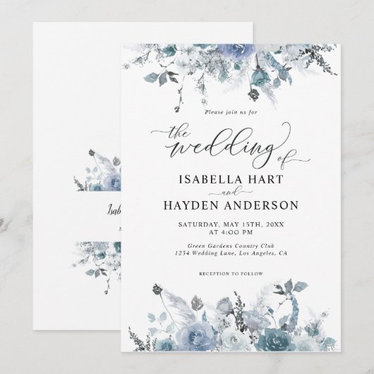 Floral Slate Dusty Boho Pastel Blue Pampas Wedding Kaart (Voorkant / Achterkant)