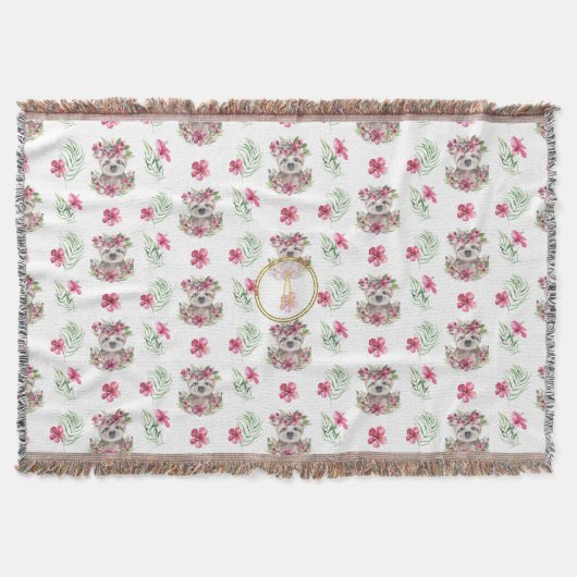 Floral SLOTH Monogram Pattern Girls Nursery Room Deken (Voorkant)