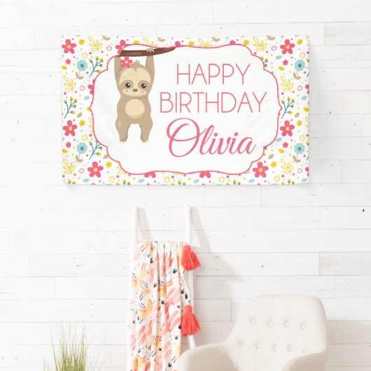 Floral Sloth Verjaardagsfeestbanner Spandoek (Insitu)
