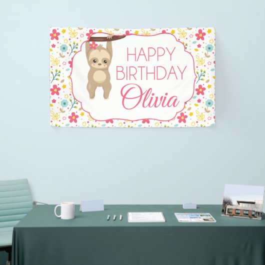 Floral Sloth Verjaardagsfeestbanner Spandoek (Beurs)