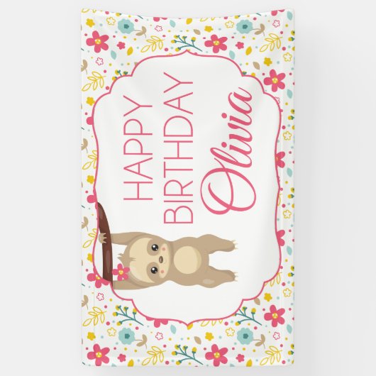 Floral Sloth Verjaardagsfeestbanner Spandoek (Verticaal)